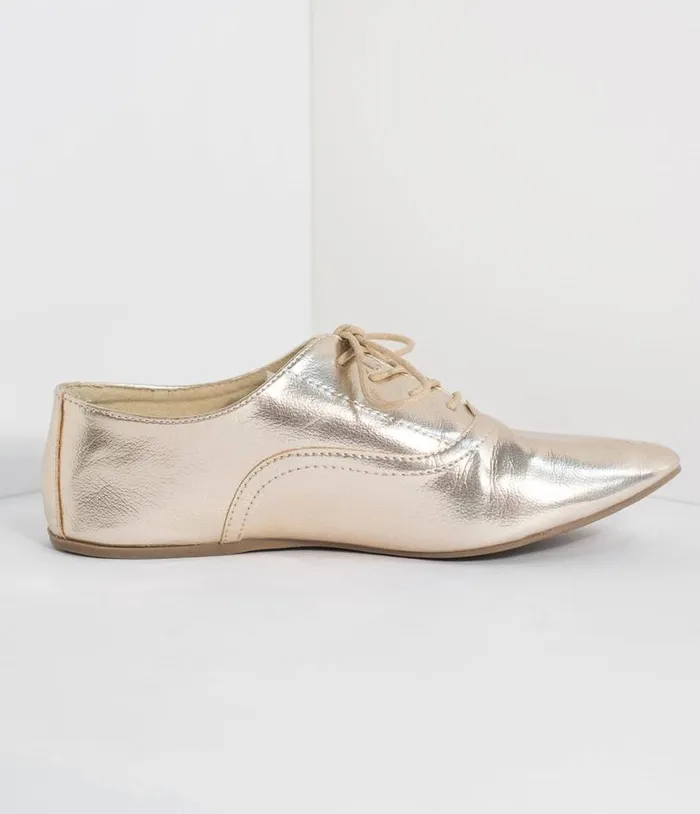 Metallic Gold Classic Lace Up Flats Shoes Unique Vintage Flats