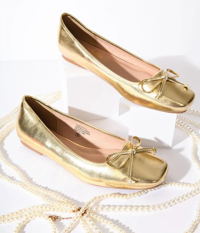 Metallic Gold Leatherette Bow Flats Shoes Unique Vintage Flats