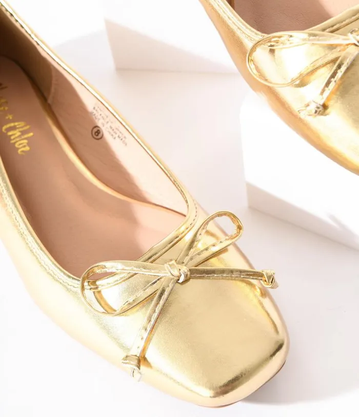 Metallic Gold Leatherette Bow Flats Shoes Unique Vintage Flats