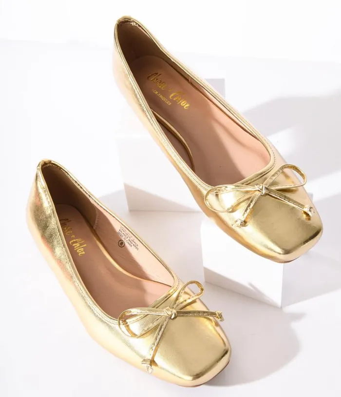 Metallic Gold Leatherette Bow Flats Shoes Unique Vintage Flats