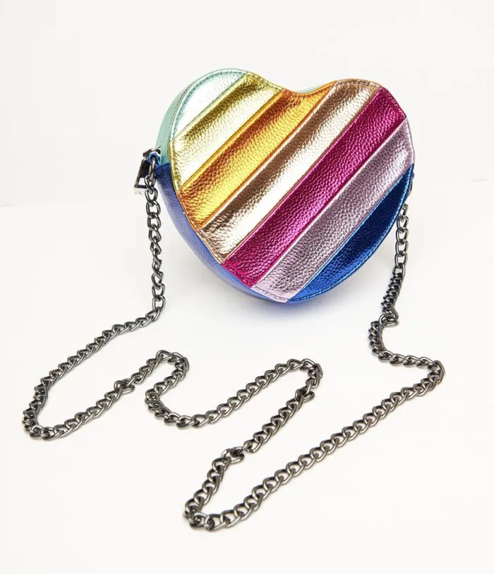 Metallic Rainbow Heart Leatherette Crossbody Bag Accessories Unique Vintage Novelty Bags
