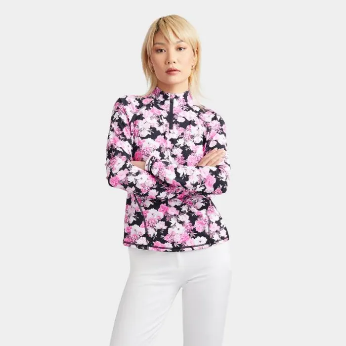 Mid Layers Women GFORE PHOTO FLORAL SILKY TECH NYLON RUCHED QUARTER ZIP PULLOVER Onyx