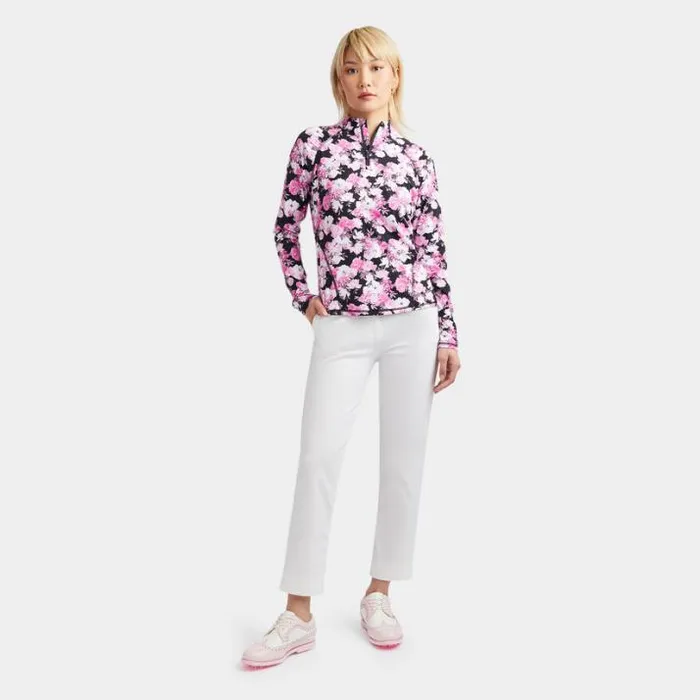 Mid Layers Women GFORE PHOTO FLORAL SILKY TECH NYLON RUCHED QUARTER ZIP PULLOVER Onyx