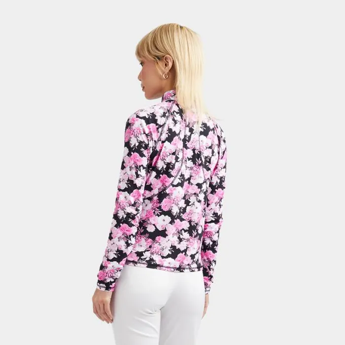 Mid Layers Women GFORE PHOTO FLORAL SILKY TECH NYLON RUCHED QUARTER ZIP PULLOVER Onyx