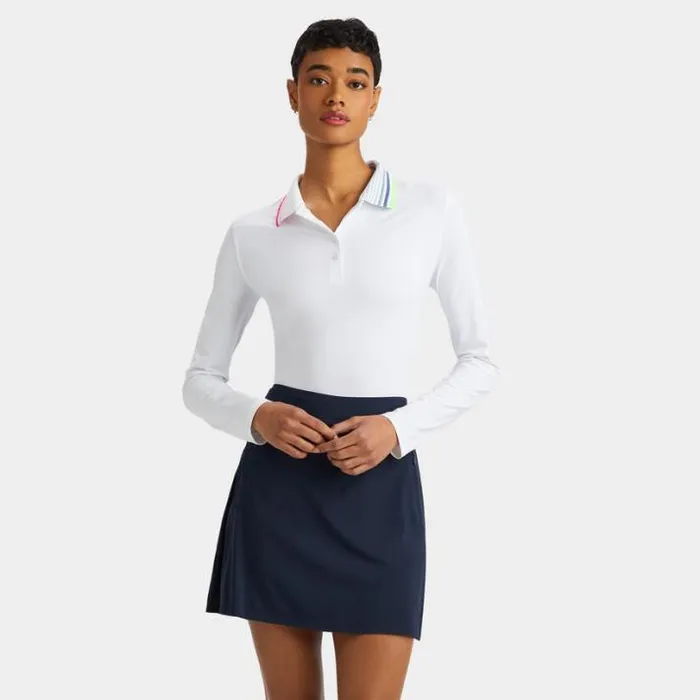 Mid Layers Women GFORE RIB PLEATED CONTRAST COLLAR SILKY TECH NYLON LONG SLEEVE POLO Snow