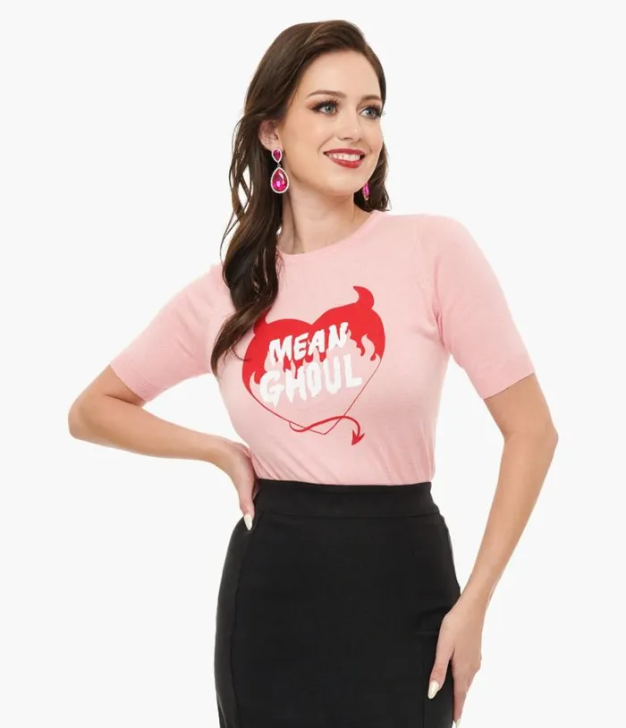 Mischief Made Pink Mean Ghoul Short Sleeve Sweater Clothing Unique Vintage Sweaters and Cardigans Mischief Made Pink Mean Ghoul Short Sleeve Sweater Clothing Unique Vintage Sweaters and Cardigans