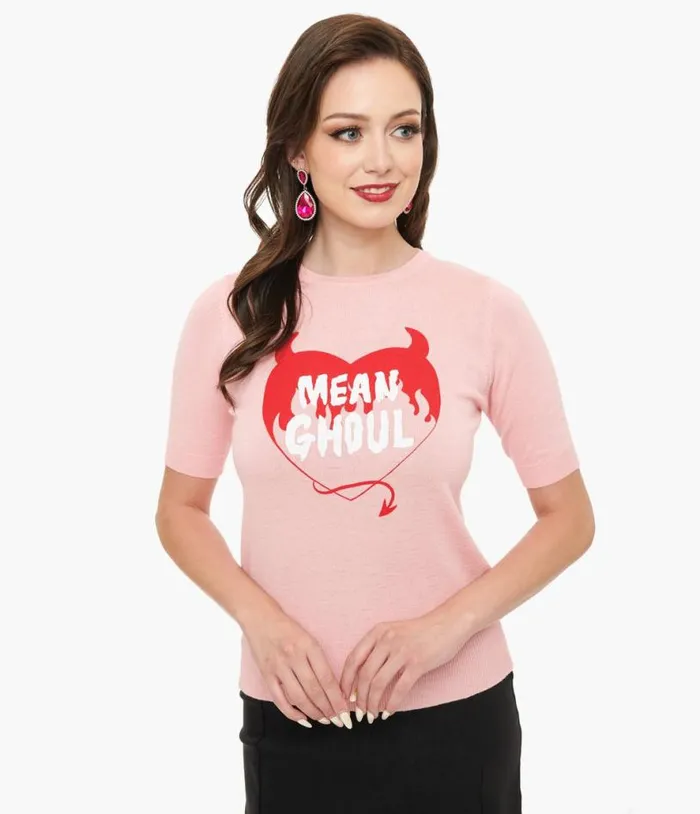 Mischief Made Pink Mean Ghoul Short Sleeve Sweater Clothing Unique Vintage Sweaters and Cardigans