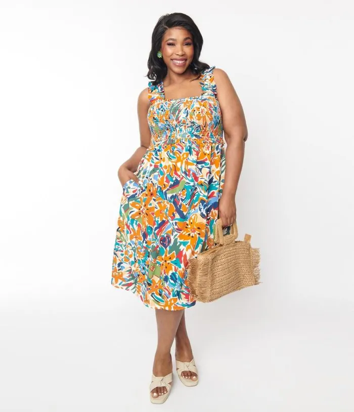 Multicolor Brush Stroke Florals Midi Dress Dresses Unique Vintage Pocket Dresses Multicolor Brush Stroke Florals Midi Dress Dresses Unique Vintage Pocket Dresses