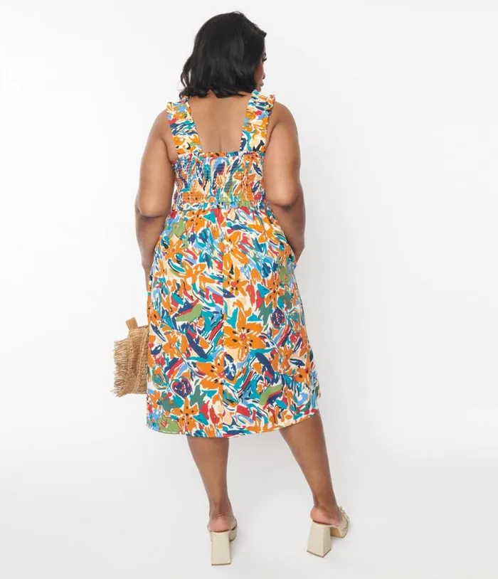 Multicolor Brush Stroke Florals Midi Dress Dresses Unique Vintage Pocket Dresses