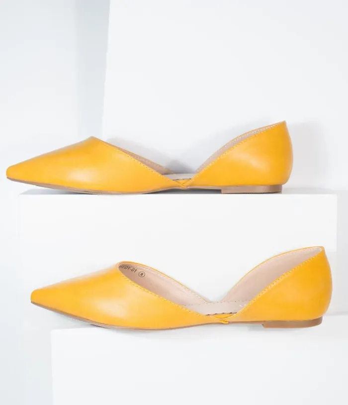 Mustard Leatherette Pointed Toe Flats Shoes Unique Vintage Flats