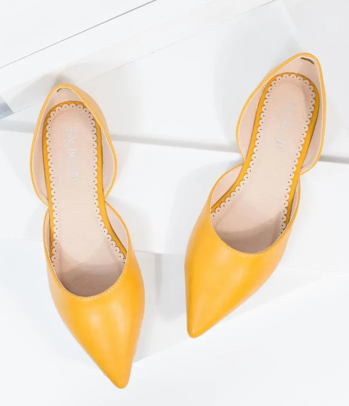 Mustard Leatherette Pointed Toe Flats Shoes Unique Vintage Flats