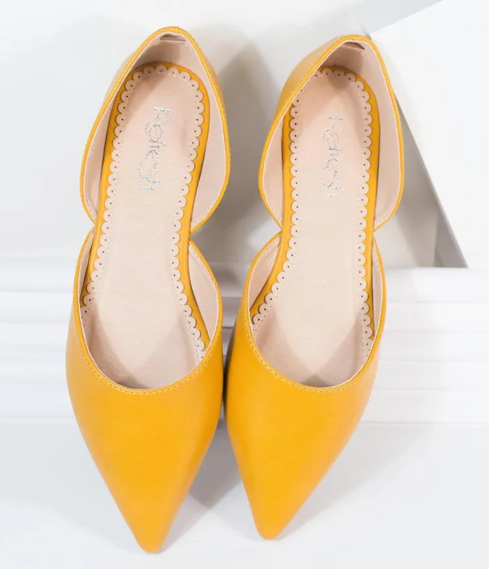 Mustard Leatherette Pointed Toe Flats Shoes Unique Vintage Flats