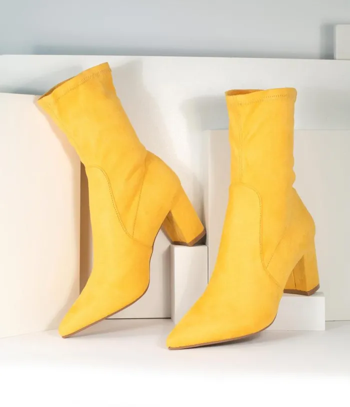 Mustard Suede Pointed Bootie Shoes Unique Vintage Heels