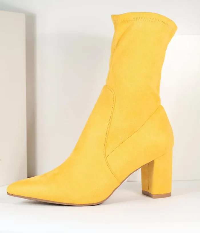 Mustard Suede Pointed Bootie Shoes Unique Vintage Heels
