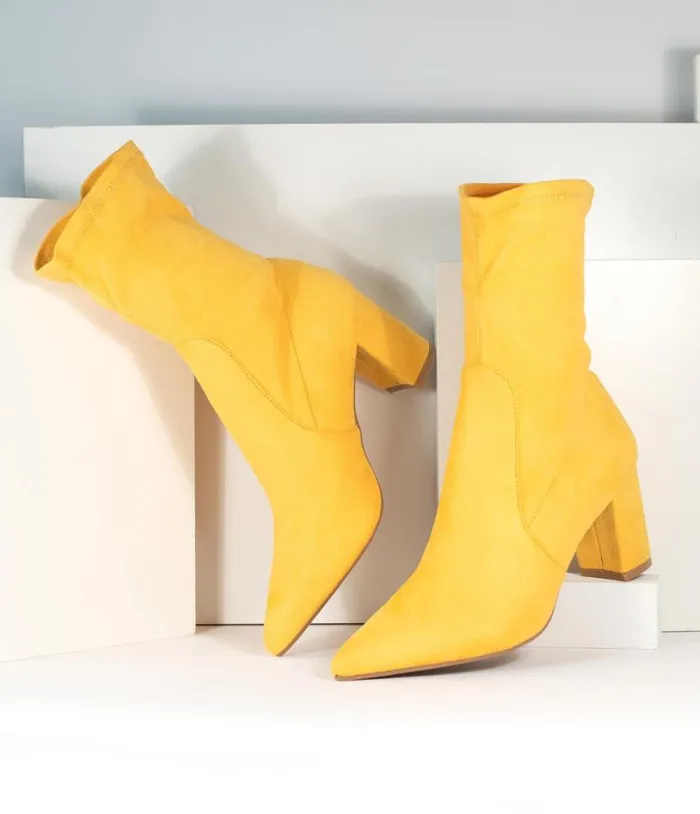 Mustard Suede Pointed Bootie Shoes Unique Vintage Heels