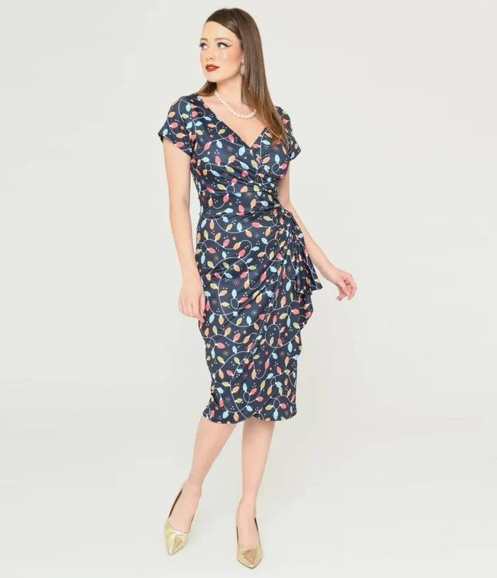 Navy and Holiday Lights Wiggle Dress Dresses Unique Vintage Pencil