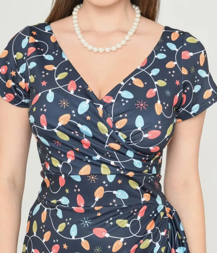 Navy and Holiday Lights Wiggle Dress Dresses Unique Vintage Pencil