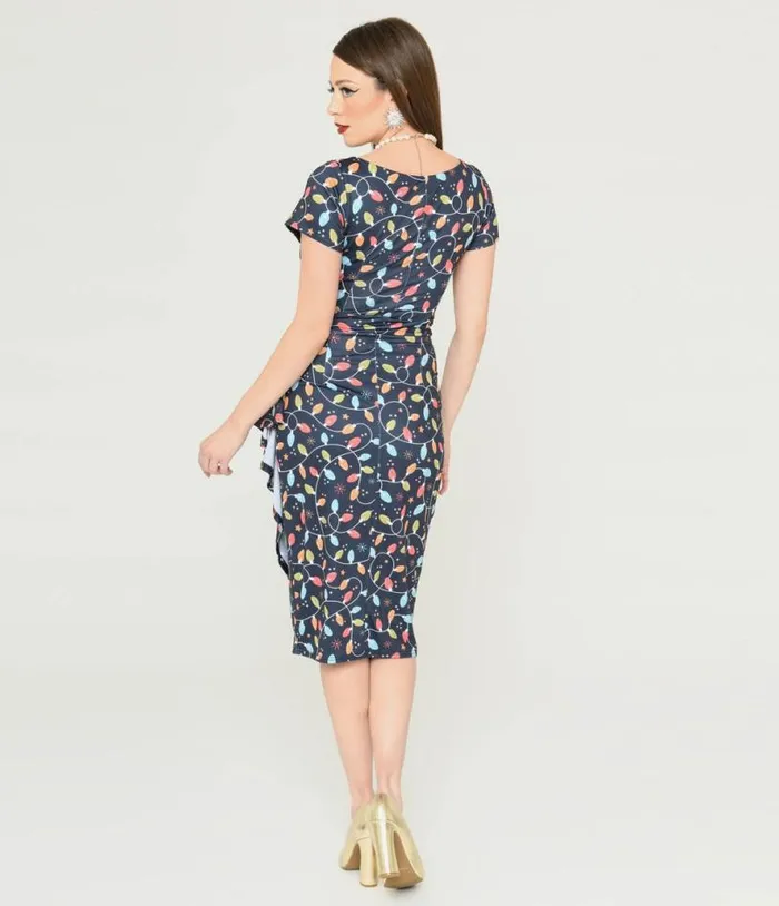 Navy and Holiday Lights Wiggle Dress Dresses Unique Vintage Pencil