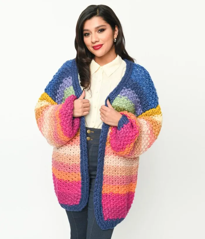 Navy and Multicolor Striped Crochet Knit Open Cardigan Clothing Unique Vintage Sweaters and Cardigans Navy and Multicolor Striped Crochet Knit Open Cardigan Clothing Unique Vintage Sweaters and Cardigans