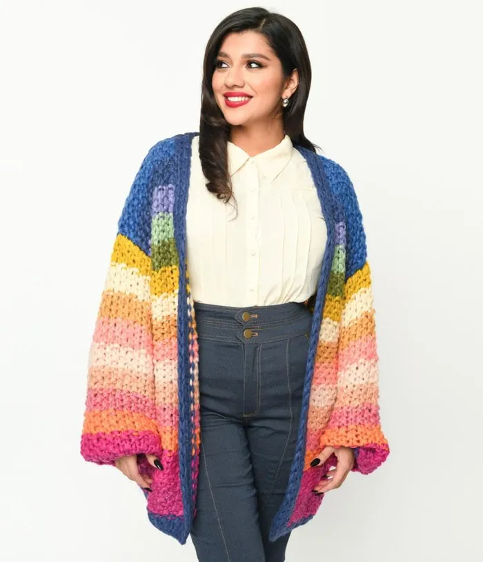Navy and Multicolor Striped Crochet Knit Open Cardigan Clothing Unique Vintage Sweaters and Cardigans