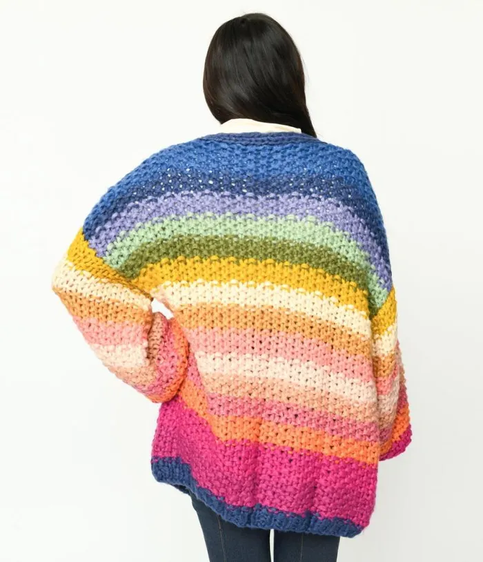 Navy and Multicolor Striped Crochet Knit Open Cardigan Clothing Unique Vintage Sweaters and Cardigans