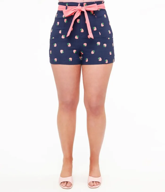 Navy and Pink Strawberry Stamp Tied and True Shorts Clothing Unique Vintage Shorts
