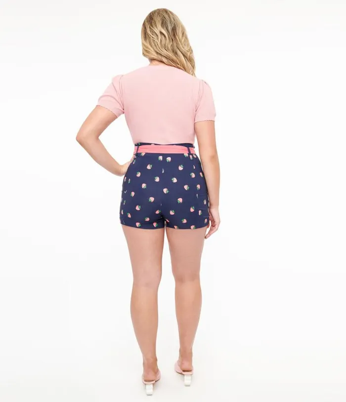 Navy and Pink Strawberry Stamp Tied and True Shorts Clothing Unique Vintage Shorts