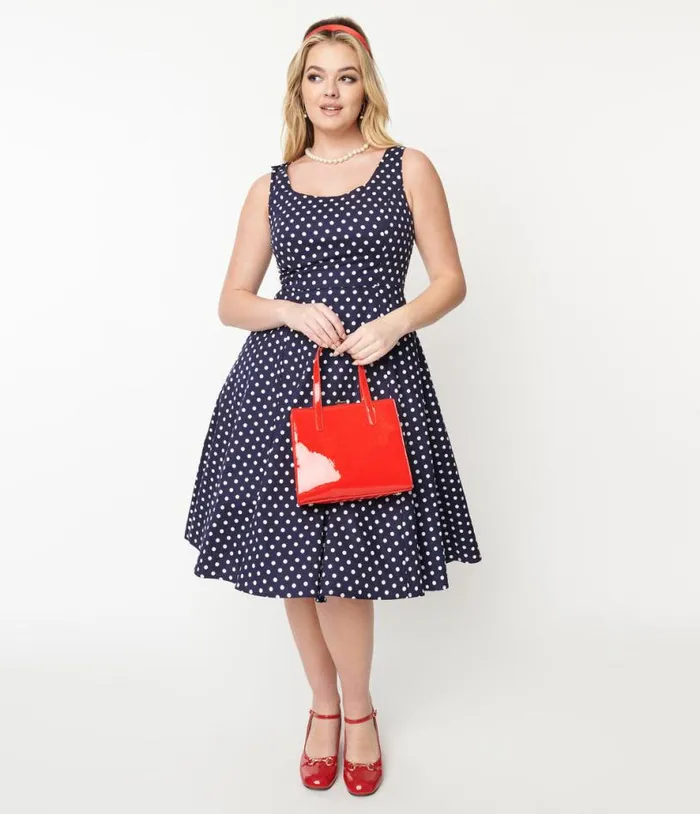 Navy and White Polka Dot Swing Dress Dresses Unique Vintage Swing