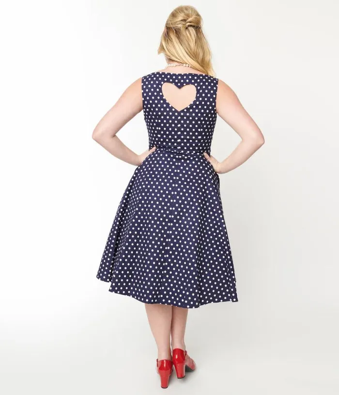 Navy and White Polka Dot Swing Dress Dresses Unique Vintage Swing