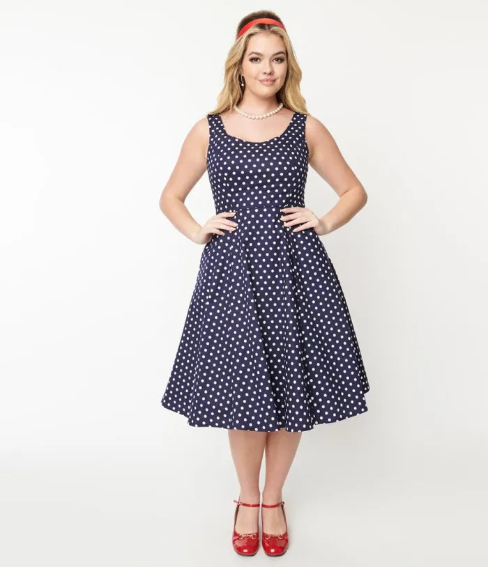 Navy and White Polka Dot Swing Dress Dresses Unique Vintage Swing