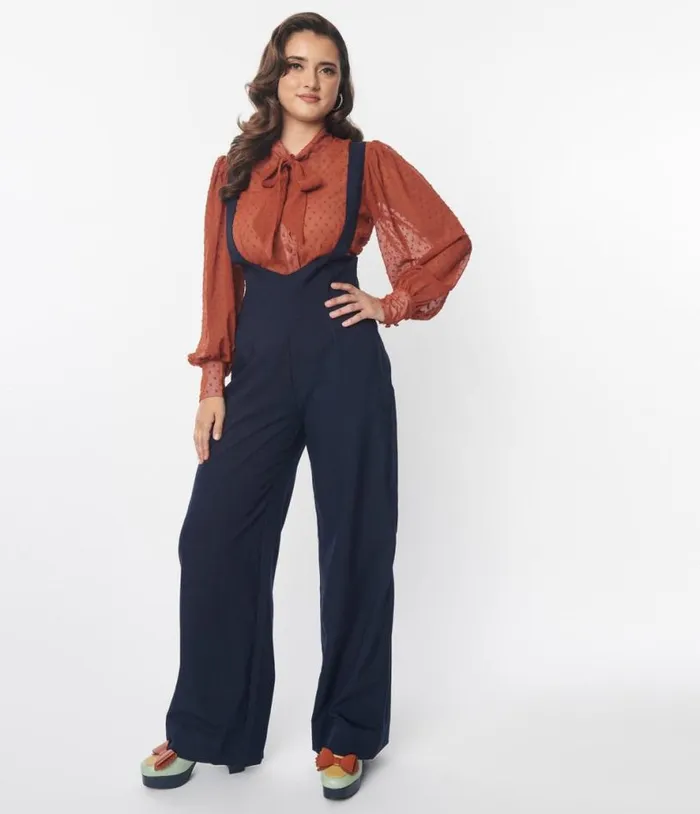 Navy Wide Leg Suspender Pants Clothing Unique Vintage Pants