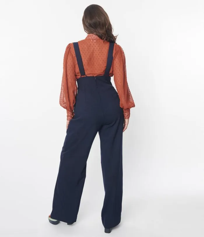 Navy Wide Leg Suspender Pants Clothing Unique Vintage Pants