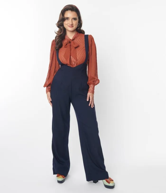 Navy Wide Leg Suspender Pants Clothing Unique Vintage Pants