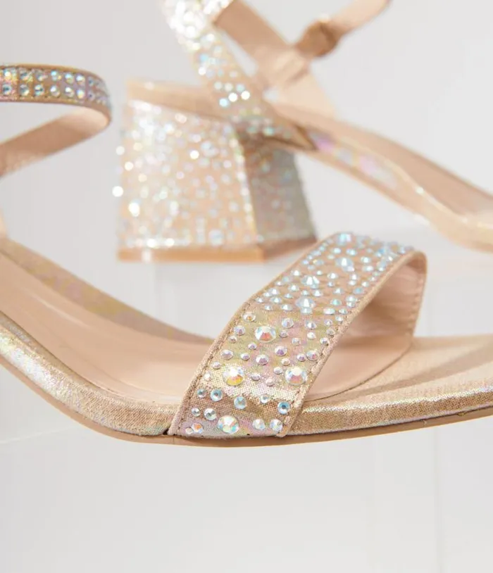 Nude and Silver Rhinestone Kitten Peep Toe Heels Shoes Unique Vintage Heels
