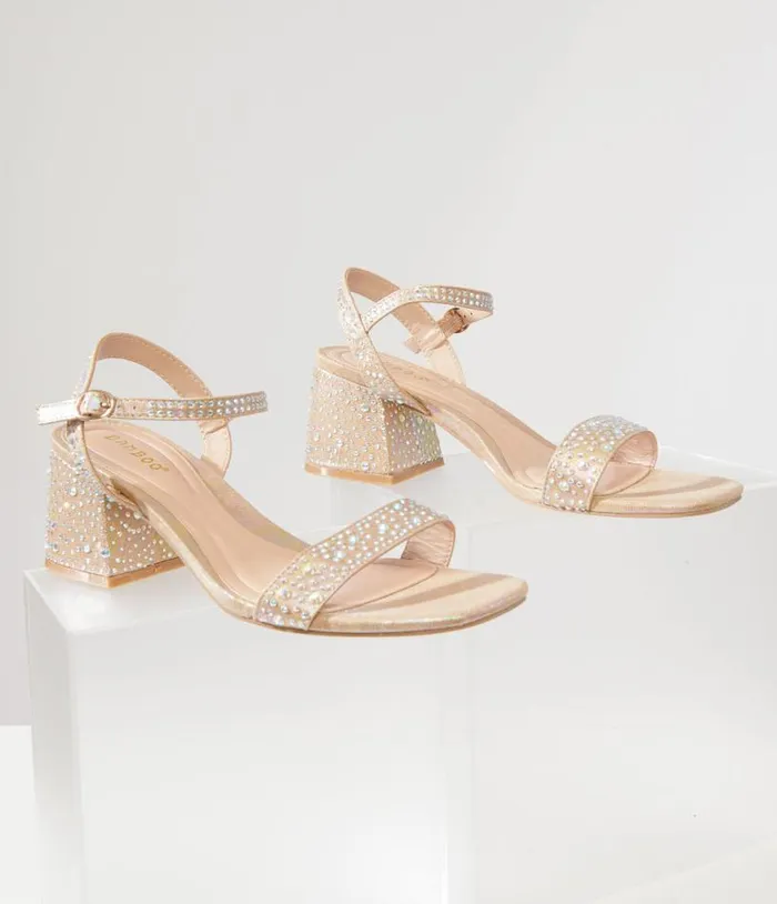 Nude and Silver Rhinestone Kitten Peep Toe Heels Shoes Unique Vintage Heels
