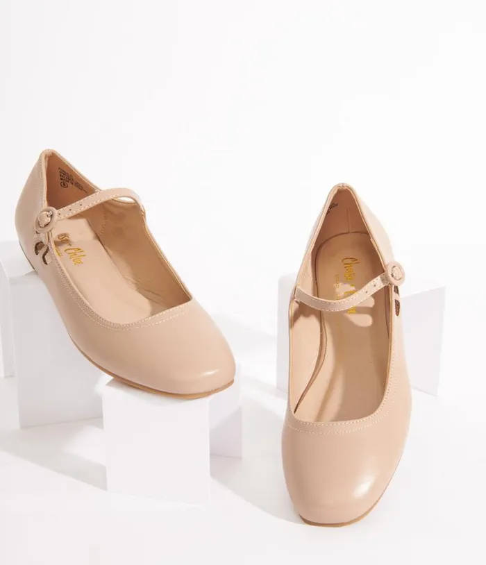 Nude Leatherette Mary Jane Flats Shoes Unique Vintage Flats
