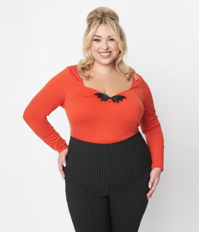 Orange and Black Bat Bow Long Sleeve Top Halloween Unique Vintage Tops