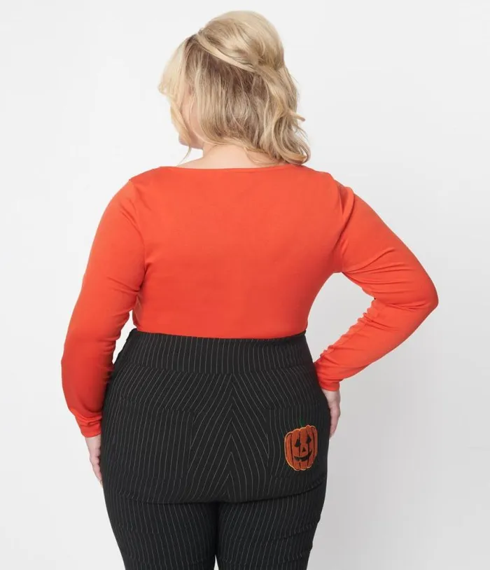 Orange and Black Bat Bow Long Sleeve Top Halloween Unique Vintage Tops