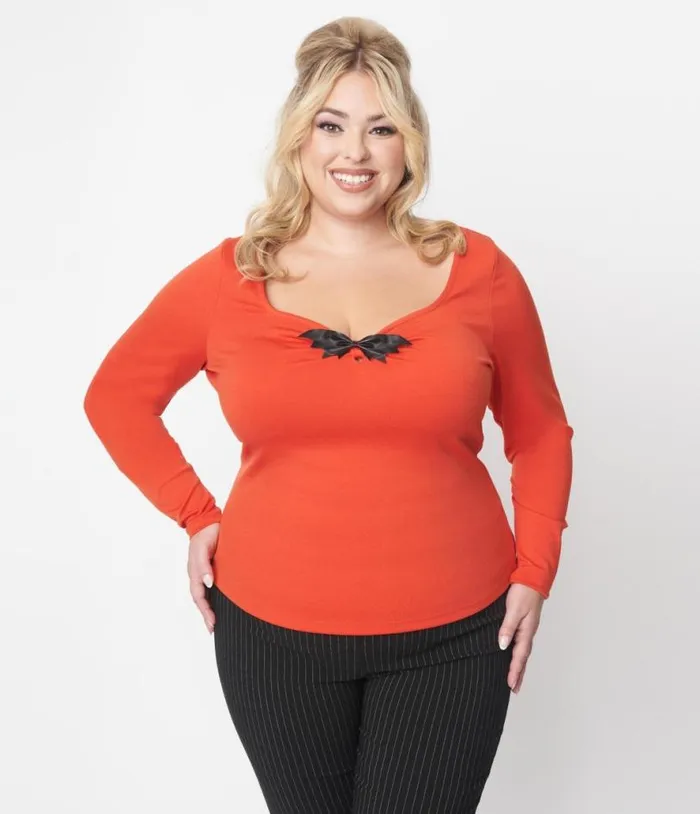 Orange and Black Bat Bow Long Sleeve Top Halloween Unique Vintage Tops