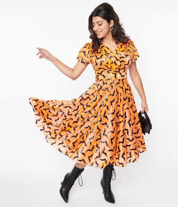 Orange and Black Bat Midori Swing Dress DressesHalloweenPlus Unique Vintage Dresses Orange and Black Bat Midori Swing Dress DressesHalloweenPlus Unique Vintage Dresses