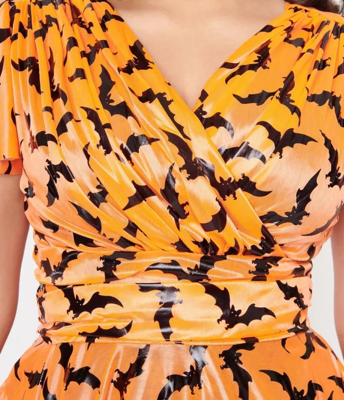 Orange and Black Bat Midori Swing Dress DressesHalloweenPlus Unique Vintage Dresses