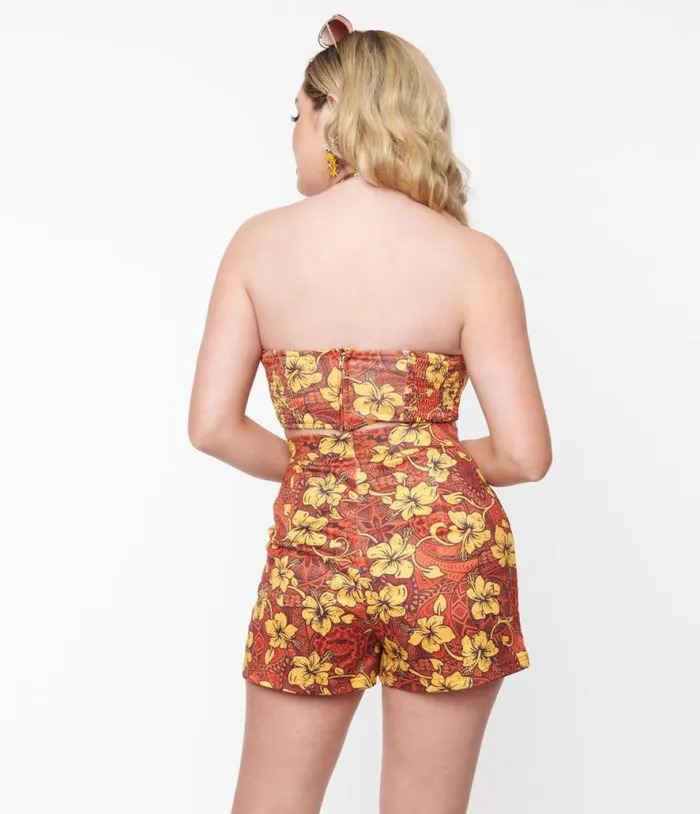 Orange and Yellow Tropical Floral Mimosa Tube Top Clothing Unique Vintage Blouses