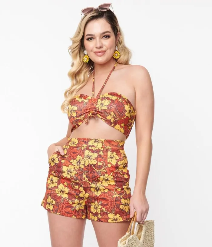 Orange and Yellow Tropical Floral Mimosa Tube Top Clothing Unique Vintage Blouses