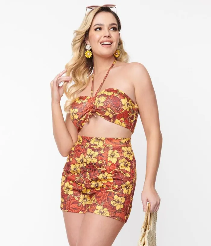 Orange and Yellow Tropical Floral Mimosa Tube Top Clothing Unique Vintage Blouses
