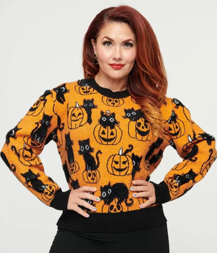 Orange Pumpkin and Black Cat Print Sweater ClothingHalloween Unique Vintage Sweaters and Cardigans Orange Pumpkin and Black Cat Print Sweater ClothingHalloween Unique Vintage Sweaters and Cardigans