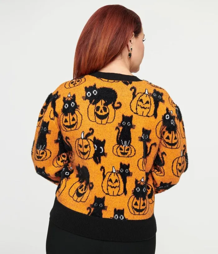 Orange Pumpkin and Black Cat Print Sweater ClothingHalloween Unique Vintage Sweaters and Cardigans