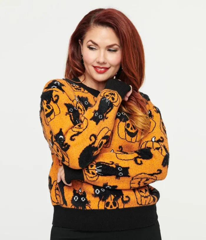 Orange Pumpkin and Black Cat Print Sweater ClothingHalloween Unique Vintage Sweaters and Cardigans