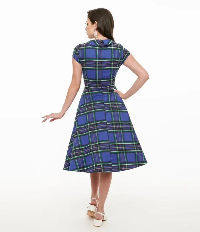 Orchid Bloom 1950s Blue Plaid Swing Dress DressesPlus Unique Vintage Pocket Dresses
