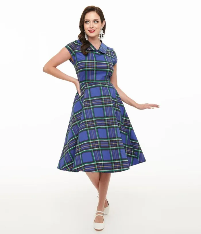 Orchid Bloom 1950s Blue Plaid Swing Dress DressesPlus Unique Vintage Pocket Dresses