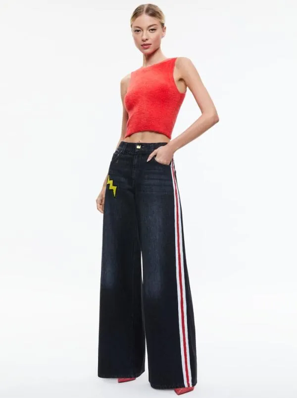 Pants Women Alice Olivia AO X BASQUIAT TRISH JEAN Maya Charcoal Black